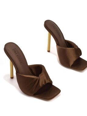 Cape Robbin Brown Satin Knot Mule Heels W/ Gold Textured Stiletto Size 11 NWB